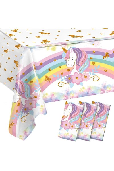 EXCEFORE 3Pcs Unicorn Birthday Tablecloth Set, Soft Rainbow Colored Unicorn P...