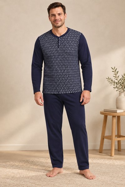CottonVia 100% Cotton, Men's Plus-Size Pajama Set, Jacquard, Button-Down Coll...