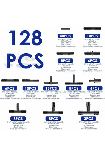 Choice 128pieces 64/128Pcs Vacuum Connector Assortment Nylon Hose Joiner Tee ...