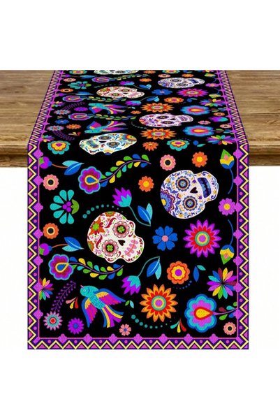 Choice 35x180cm Style 5 Mexican Day of The Dead Table Runner Colorful Sugar S...
