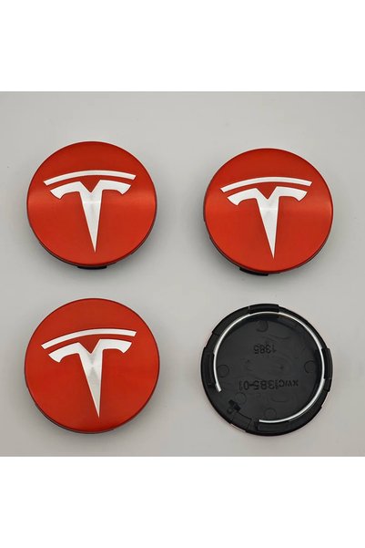TESLA Red Silver 4pcs 4Pcs 56mm ABS Wheel Center Hub Cap Emblem Logo Car Rims...