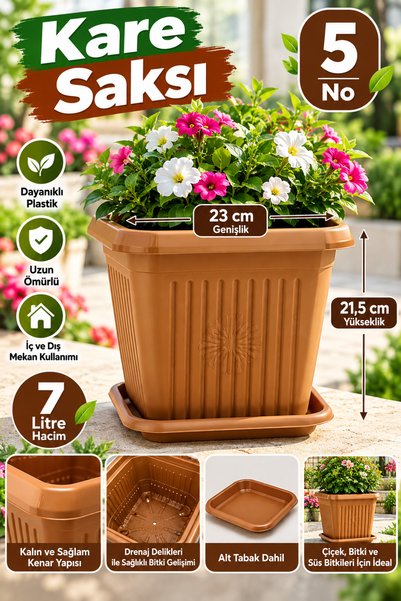 GÜZELYÜZ AVM 1 Adet Kare Saksı | Tabaklı Saksı Seti 7 Litre Kahverengi 230x230x215mm No:5
