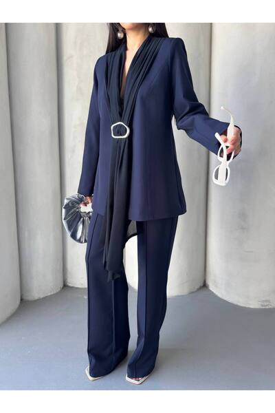 SUXİRCNHTMTS Women's Shawl-Detail Jacket and Pants Set—Long-Tie-Detail, Styli...