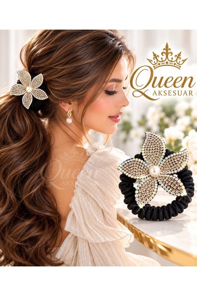 QUEEN AKSESUAR Beige Gold-Toned, Gem-Studded, Holographic, Floral, Pearl-Ador...