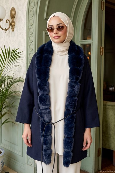 Lale Butik جاكيت نسائي أنيق بتفاصيل من الفرو، مزين بأربطة، موديل 4142، لون كحلي.