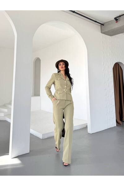 SUXİRCNHTMTS Women's Gold-Buttoned Belted Jacket and Pants Set with Pocket De...