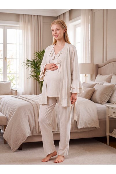 Lohussa New Season Beige Melange Nursing-Friendly Design Long-Sleeved Ruffled...
