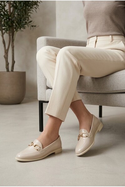 ShoeTek Galina Women's Moccasin Buckled Ballet Flats, Wrinkled Shiny Beige Le...