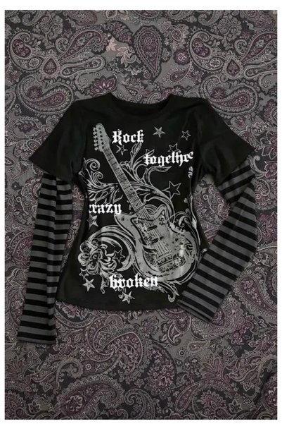 Köstebek Rock Together Gray and Black Striped Long-Sleeved Grunge Blouse