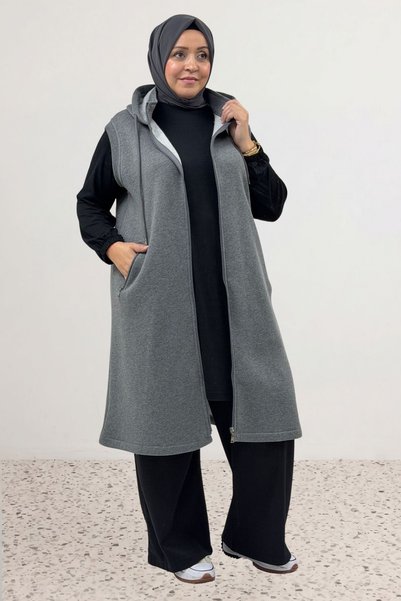 Eslina 64008 Plus-Size Hooded Three-Thread Vest with Filet Pockets - Anthracite