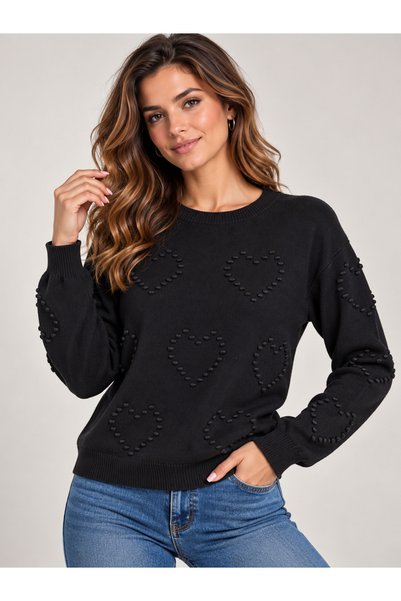 Generic Brand Pulover negru dama cu inimi, S/M