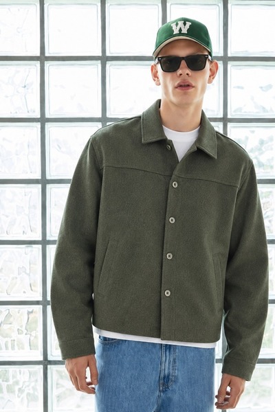 DAMGA JEANS Men’s Shirt Collar Button-Front Melton Khaki Jacket