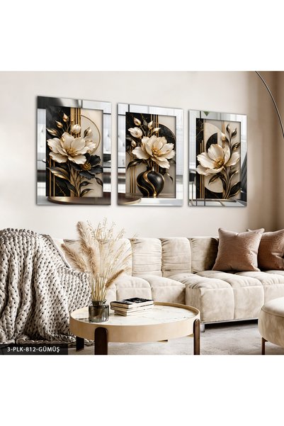 Evinemoda Gold-Glitter Black-and-White Flower 3-Piece Plexiglass Mirrored Art...