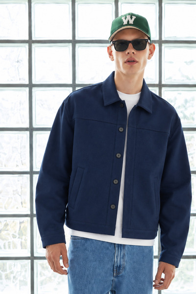 DAMGA JEANS Men’s Shirt Collar Button-Front Melton Navy Blue Jacket