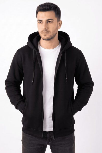 hadiora Men's Black Casual Hooded Zipper Jacket
