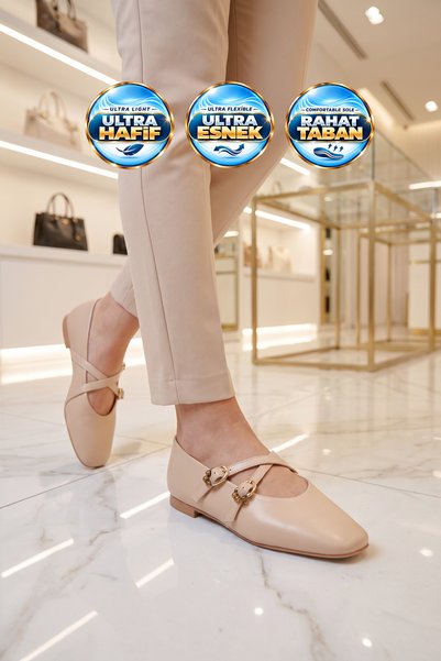 AYAKMOD Women's Ballet Flats 312653 Beige Leather