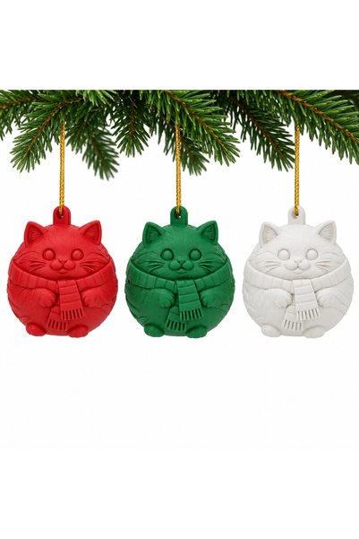 OEM Set 3 globuri de Crăciun Pisică tigrată cu fular, 6 cm, mix de culori