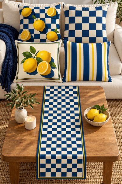 Nari Collections طقم أغطية وسائد منقوشة باللون الأزرق بنقشة الليمون، يتكون من...