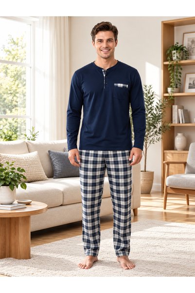 Quatarze REALMOOD Men's Navy Blue 100% Cotton Long-Sleeve Pajama Set – Plaid ...