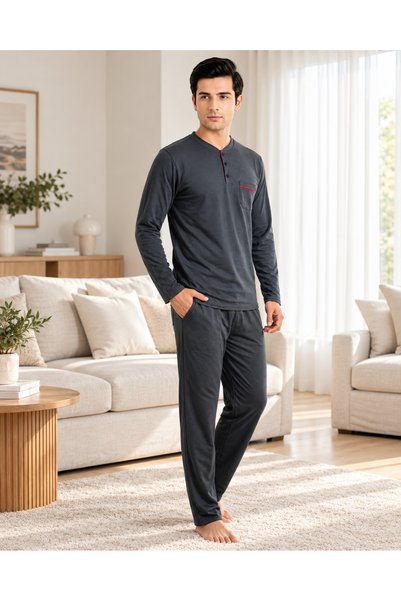Quatarze REALMOOD Men's Anthracite Gray 100% Cotton Long-Sleeve Button-Down P...