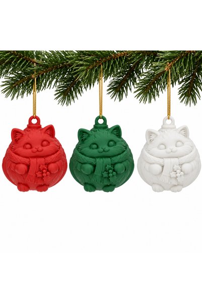 OEM Set 3 globuri de Crăciun Pisică cu fular, 6 cm, mix de culori