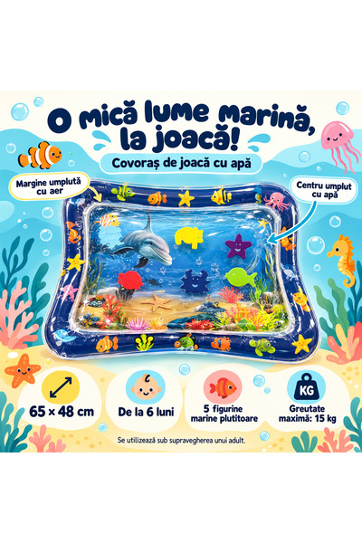 Generic Brand Covoraș de joacă cu apă pentru bebeluși, cu 5 animăluțe marine ...