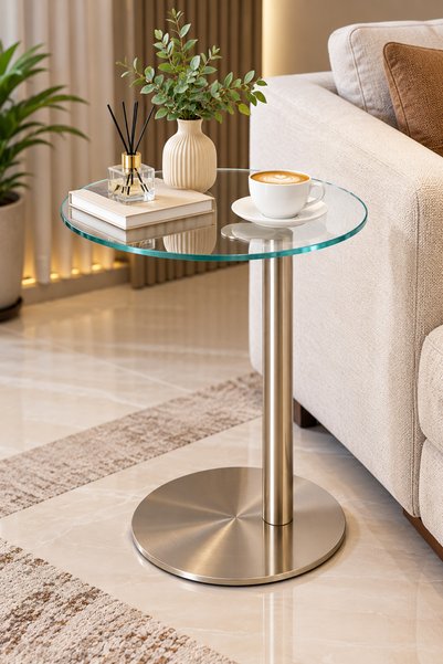 N.zone Modern Round Side Table with Clear Glass Top and Stable Metal Base, El...