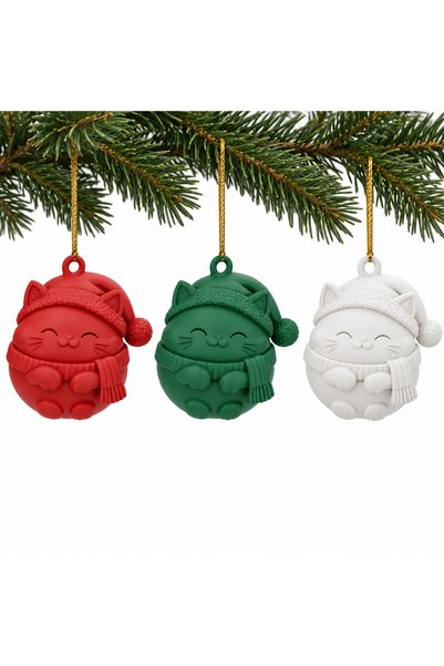 OEM Set 3 globuri de Crăciun Pisică adormită cu căciuliță, 6 cm, mix de culori
