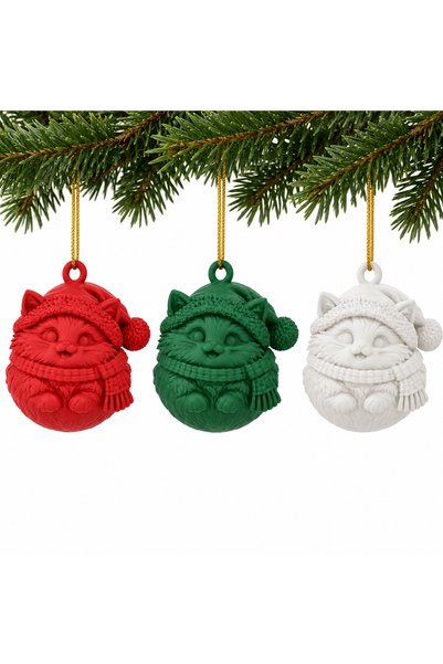 OEM Set 3 globuri de Crăciun Pisică pufoasă cu fular, 6 cm, mix de culori