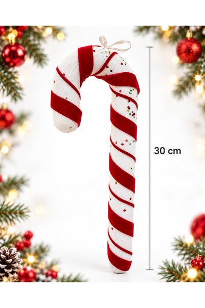 PARTİPORT 30 cm New Year's Cane Candy Ornament—Red and White Glittery Fir Tre...