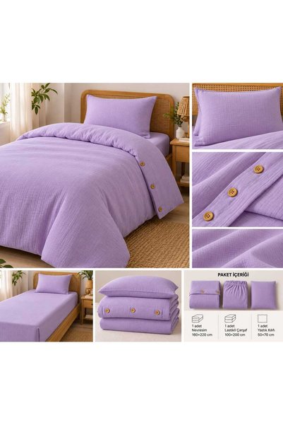 GİNETEKS Single-size muslin duvet cover set, lilac, 100% cotton, 100% natural