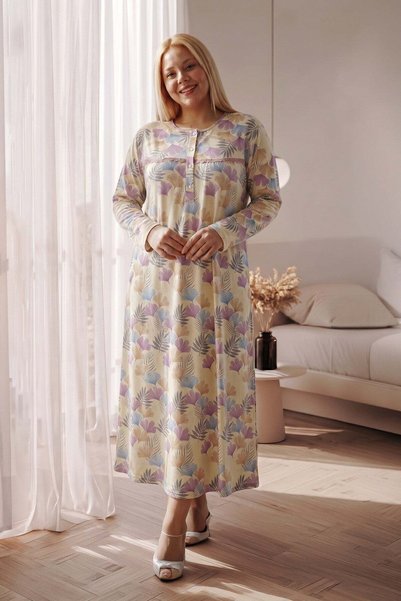 ERDENİZ TEKSTİL Plus-Size Long-Sleeved Nightgown with Lace Trim, Half-Buttone...