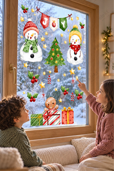 efekt reklam Cheerful Snowmen and Christmas Tree New Year's Glass Sticker Set