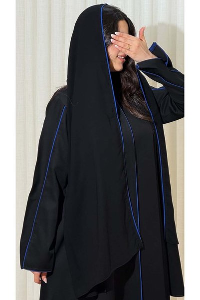 top abaya Abaya rawa 3 :bl3: black linen abaya with a-cut and blue cotton emb...