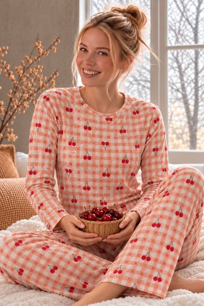 rindahomewear Women's Cherry-Print Thermal Fabric Ultra-Soft Crew-Neck Knit P...