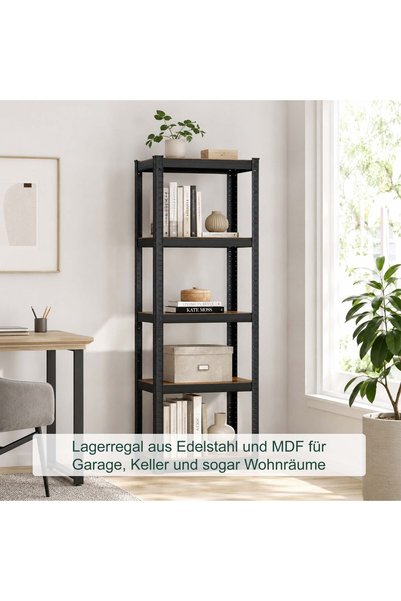 Relaxdays heavy-duty metal shelving unit, 5 shelves with brown wood-look MDF ...