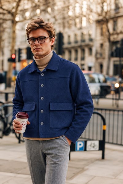 DAMGA JEANS جاكيت رجالي مريح باللون الكحلي، مزين بأزرار.