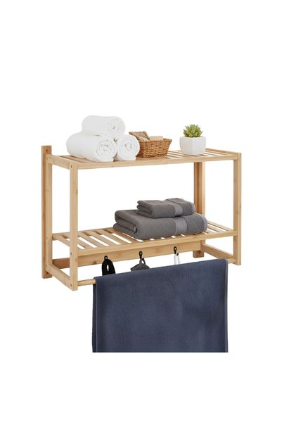 Relaxdays Wall Shelf, 40 x 60 x 23.5 cm, Bamboo, 3 Hooks, 2 Shelves, Suitable...