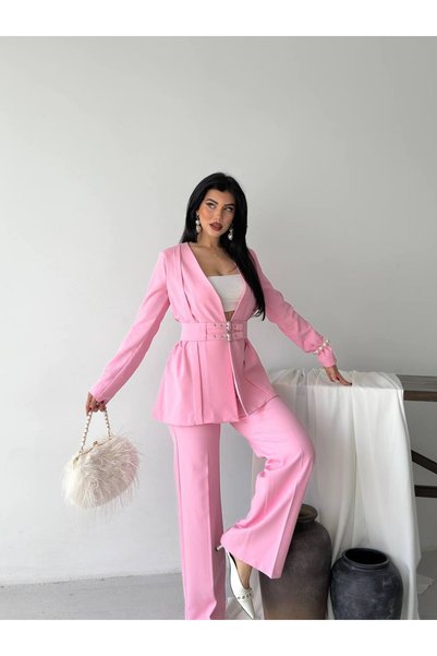 SUXİRCNHTMTS Women's Belt Detail Jacket and Pants Set—Stylish, Modern-Cut Two...