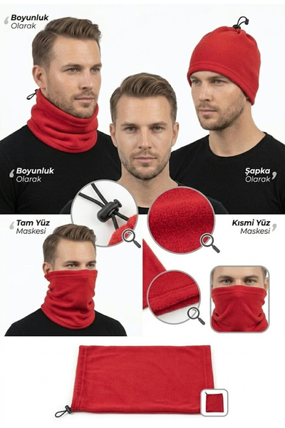 Generic Brand Unisex Multipurpose Adjustable Ruched Red Fleece-Lined Beanie a...