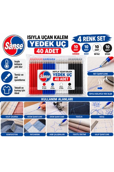 Sanse 40 Adet Isıyla Uçan Kalem Yedek Ucu 4 Renk Kırmızı Mavi Beyaz Siyah Tek...