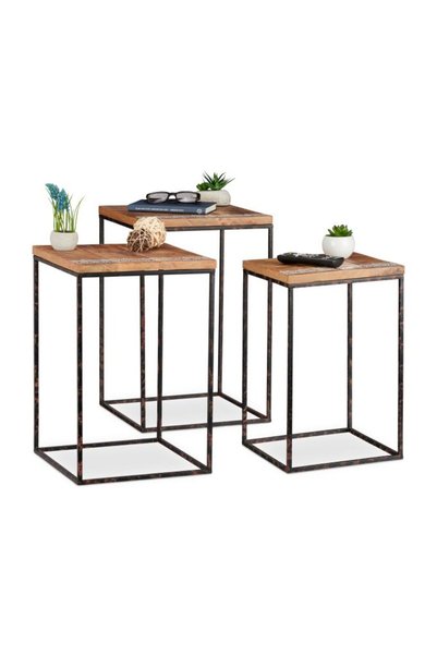 Relaxdays Set de 3 mese de lemn de mango, cu design încadrat