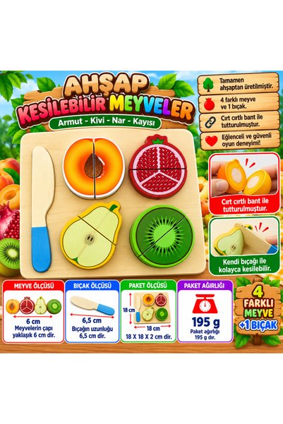 NW NessiWorld Wooden Cuttable Fruits Pear Kiwi Pomegranate Apricot