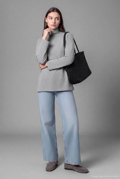 Hooopstore Oversize Dik Yaka Gri Bluz