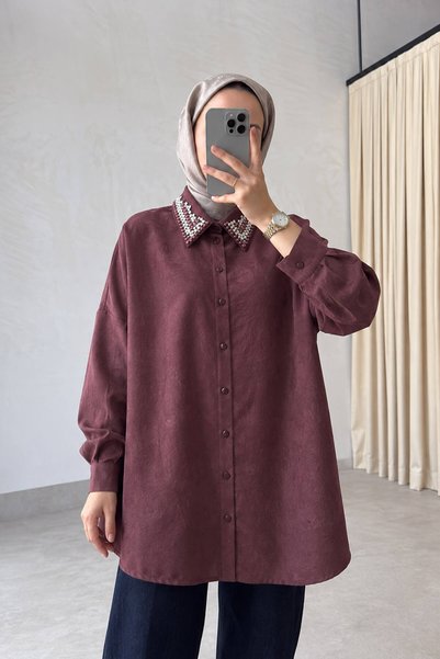 Ka Hijab Cămașă oversize decorată cu pietre pe guler - Vișiniu