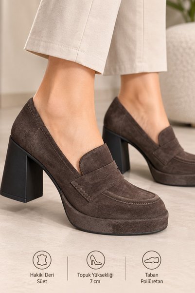 Classbag Women's Acı Kahve Premium-Quality Genuine Leather Suede Thick Heel P...