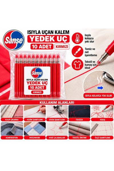 Sanse 10 Adet Isıyla Uçan Kalem Yedek Ucu Kırmızı Renk Tekstil Kumaş İşaretleme Terzi Dikiş Nakış Kalemi Refil Seti