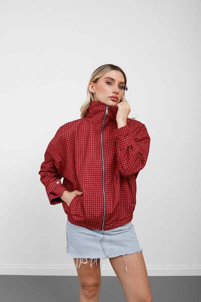 Serica Moda Jachetă regular cu fermoar și model cu carouri gingham roșii