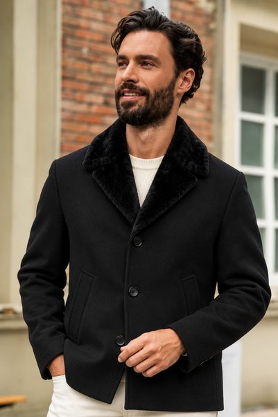 DAMGA JEANS Men's Black Melton Coat with a Plush Collar and Modern Cut