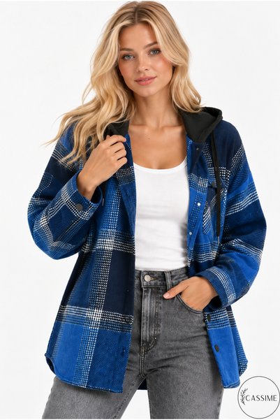 Cassime Navy Blue Button-Front Melton-Trimmed Hooded Flannel Shirt with Pocke...